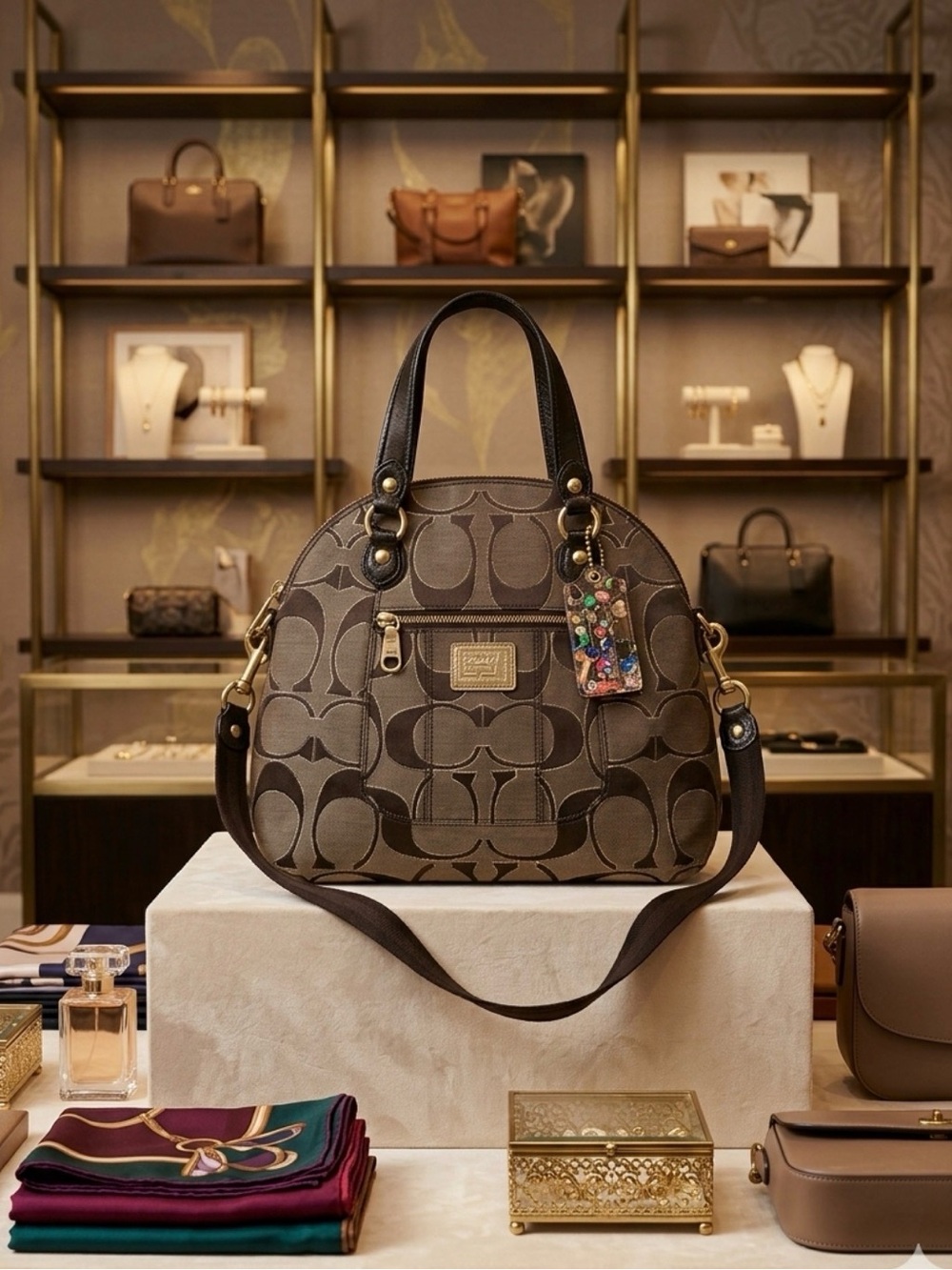 Vintage Coach Poppy Brown Monogram Jacquard Dome Shoulder Bag